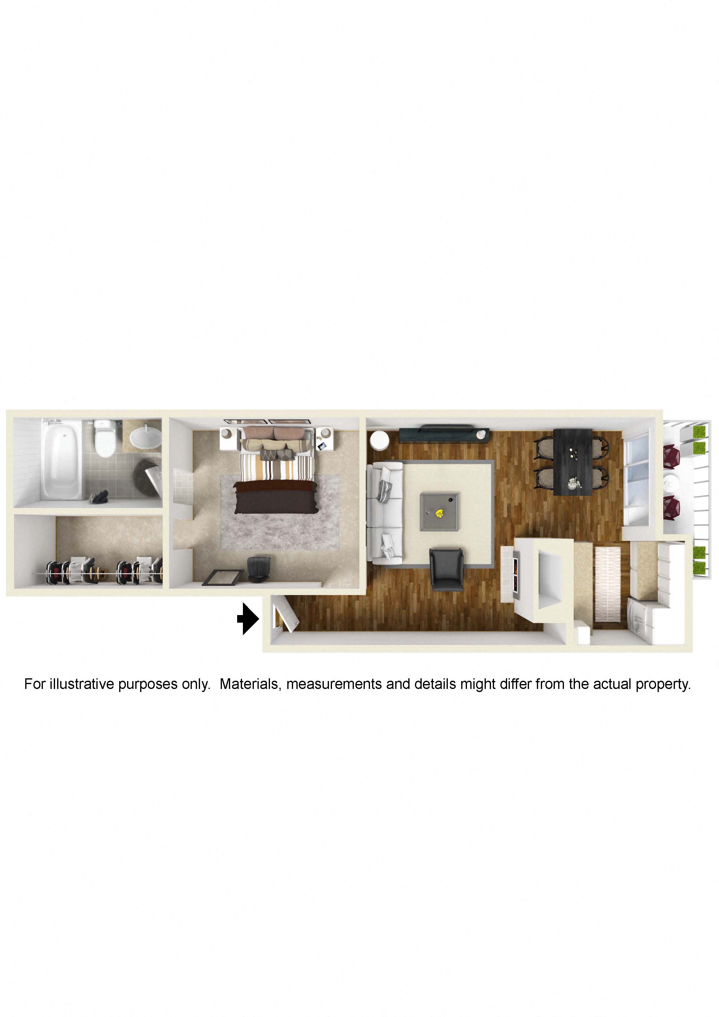 Floor plan for 1 bed, 1 bath, 645 sqft